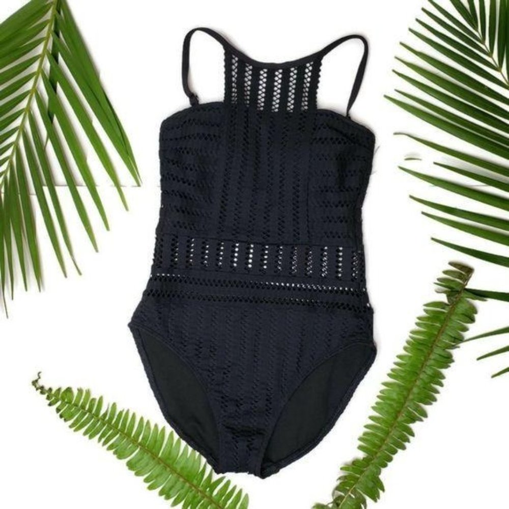 Kenneth Cole tough lux crochet high neck swim suit NWOT beach summer pool party - Picture 2 of 4